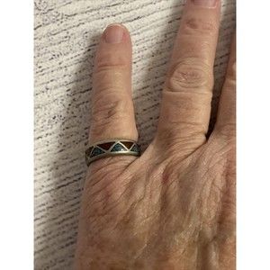 SIZE 6 ~ Vintage Sterling Silver & Turquoise/Red Coral Chip Inlay Triangle Ring!